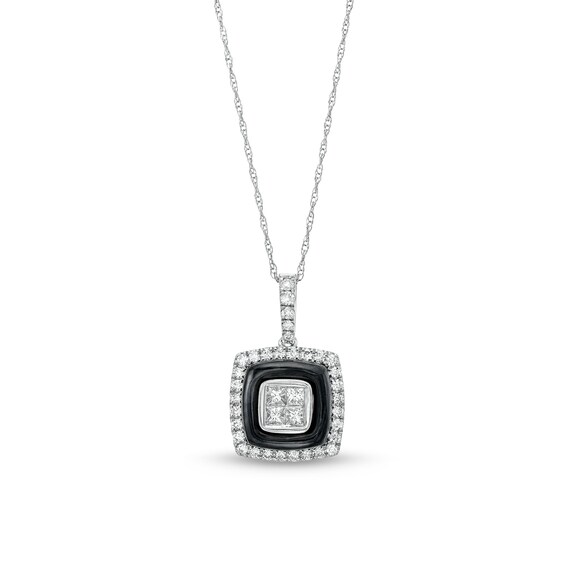 1/2 CT. T.w. Quad Princess-Cut Diamond and Onyx Square Pendant in 14K White Gold