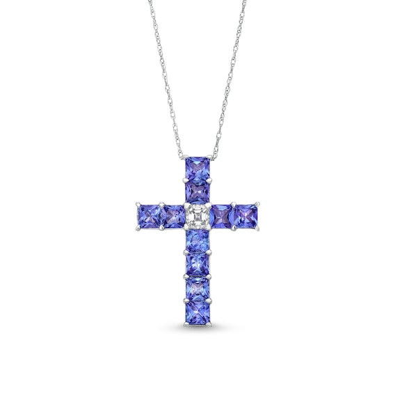 Princess-Cut Tanzanite and 1/3 CT. Diamond Cross Pendant in 14K White Gold