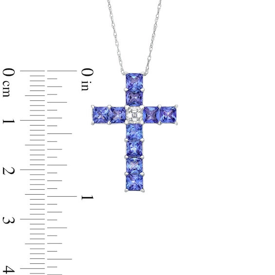 Princess-Cut Tanzanite and 1/3 CT. Diamond Cross Pendant in 14K White Gold