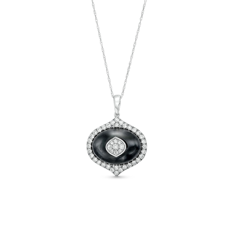 Main Image 1 of Oval Onyx and 1/2 CT. T.W. Diamond Lantern Pendant in 14K White Gold