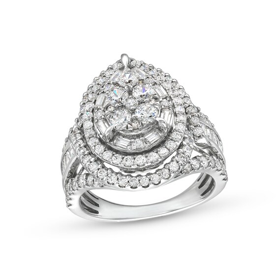 2 CT. T.w. Pear Multi-Diamond Double Teardrop Frame Art Deco Engagement Ring in 14K White Gold