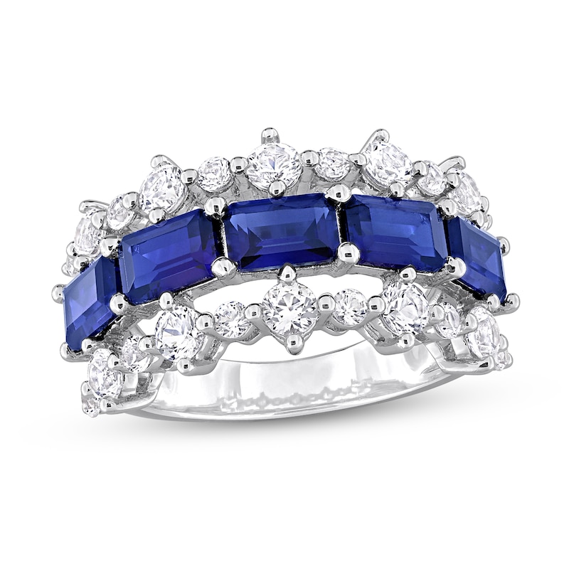 Main Image 1 of Sideways Emerald-Cut Blue Lab-Created Sapphire and White Lab-Created Sapphire Edge Ring in Sterling Silver
