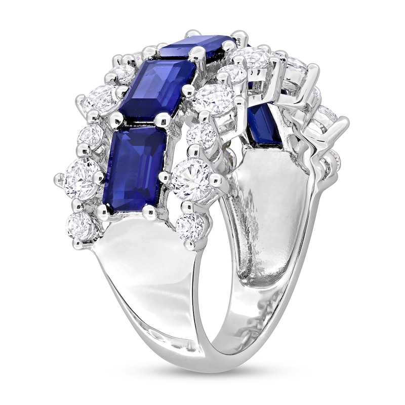 Main Image 2 of Sideways Emerald-Cut Blue Lab-Created Sapphire and White Lab-Created Sapphire Edge Ring in Sterling Silver