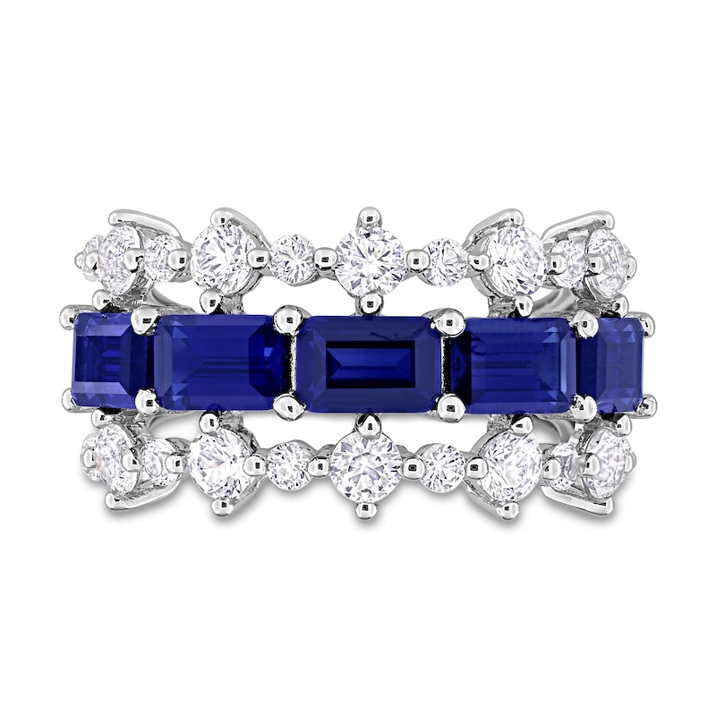 Main Image 3 of Sideways Emerald-Cut Blue Lab-Created Sapphire and White Lab-Created Sapphire Edge Ring in Sterling Silver