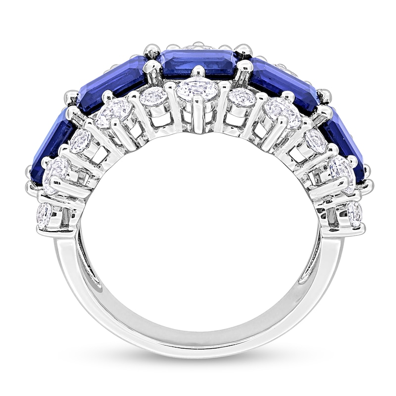 Main Image 4 of Sideways Emerald-Cut Blue Lab-Created Sapphire and White Lab-Created Sapphire Edge Ring in Sterling Silver