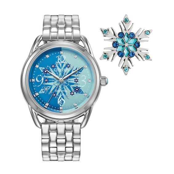 Ladies' Citizen Eco-DriveÂ® Disney Frozen Crystal Accent Watch with Light Blue Dial and Pin Box Set (Model: Fe7091-61W)