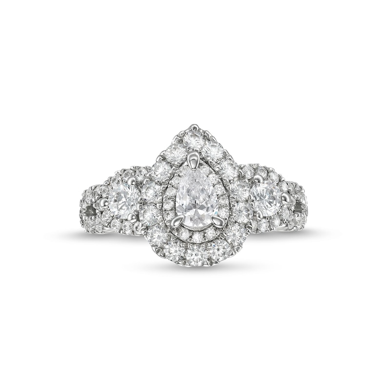 Main Image 4 of 1-1/2 CT. T.W. Pear-Shaped Diamond Split Shank Past Present Future® Engagement Ring in 14K White Gold (I/I1)