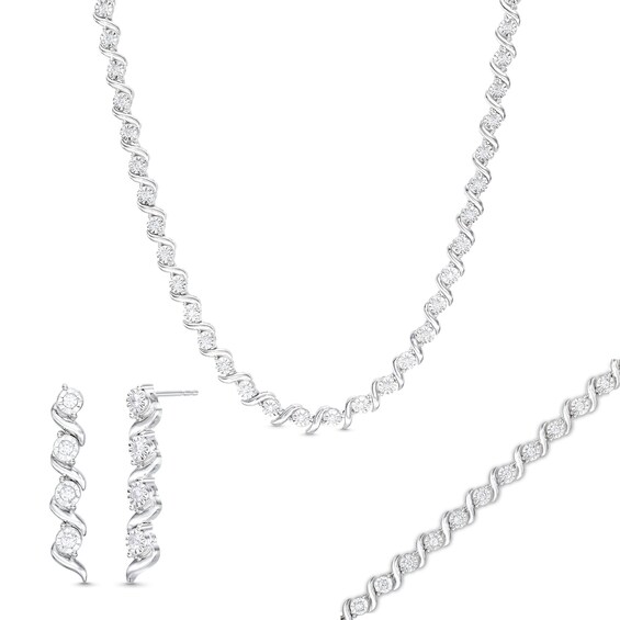 1-5/8 CT. T.w. Diamond Cascading Tennis-Style Necklace, Bracelet and Drop Earrings Set in Sterling Silver
