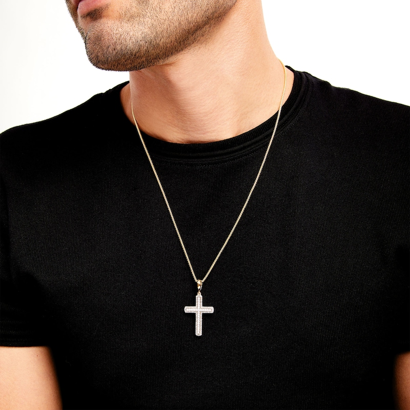 Main Image 2 of Men's 1/5 CT. T.W. Diamond-Lined Cross Pendant in 10K Gold - 22"