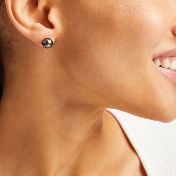8.30-8.5mm Black Tahitian Cultured Pearl Stud Earrings in 14K White Gold