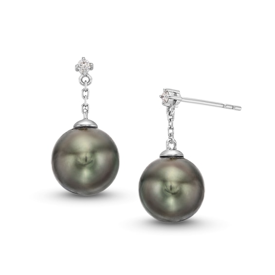 8.0-9.0mm Black Tahitian Cultured Pearl and 1/20 CT. T.w. Diamond Drop Earrings in 14K White Gold