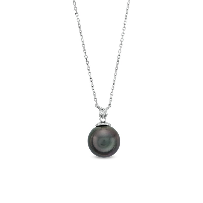 Main Image 1 of 9.5-10.0mm Black Tahitian Cultured Pearl and Diamond Accent Drop Pendant in 14K White Gold