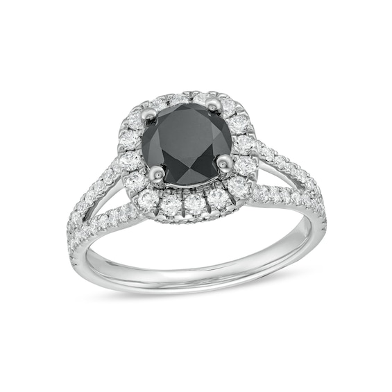 2-1/4 CT. T.w. Black and White Diamond Cushion Frame Split Shank Engagement Ring in 14K White Gold