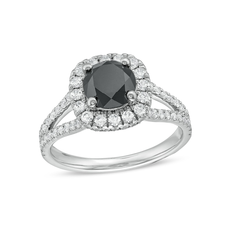 Main Image 1 of 2-1/4 CT. T.W. Black and White Diamond Cushion Frame Split Shank Engagement Ring in 14K White Gold