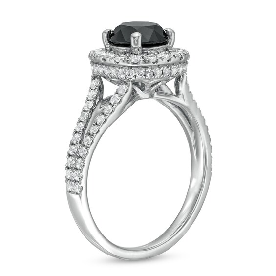 2-1/4 CT. T.w. Black and White Diamond Cushion Frame Split Shank Engagement Ring in 14K White Gold