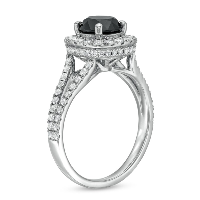 2-1/4 CT. T.W. Black and White Diamond Cushion Frame Split Shank Engagement Ring in 14K White Gold