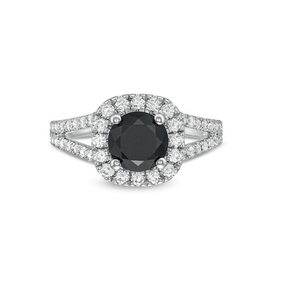 2-1/4 CT. T.w. Black and White Diamond Cushion Frame Split Shank Engagement Ring in 14K White Gold