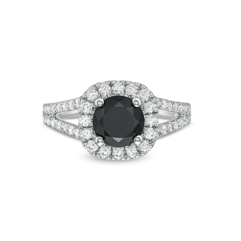 Main Image 4 of 2-1/4 CT. T.W. Black and White Diamond Cushion Frame Split Shank Engagement Ring in 14K White Gold