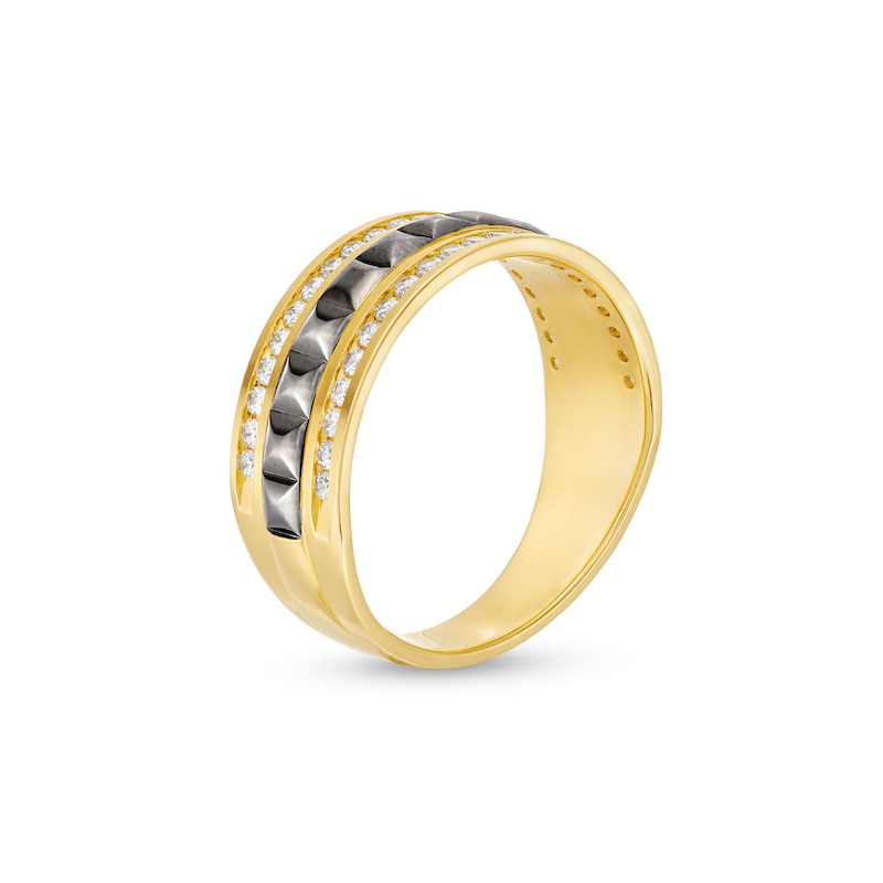Main Image 2 of 1/2 CT. T.W. Diamond Edge Pyramid Center Row Band in 10K Gold with Black Rhodium