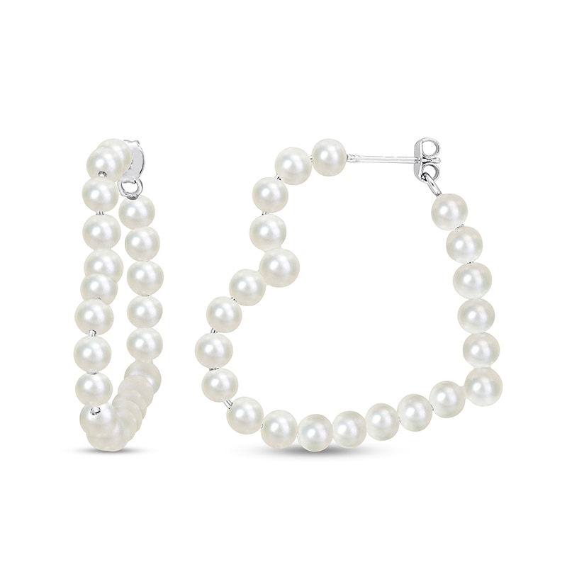 Main Image 1 of 4.5-5.0mm Freshwater Cultured Pearl 36.0mm Heart-Shaped Hoop Earrings in Sterling Silver