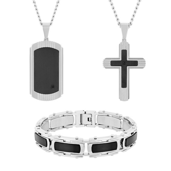 Black Diamond Accent Dog Tag, Cross Pendant and Link Bracelet Set in Stainless Steel with Black Ion-Plate