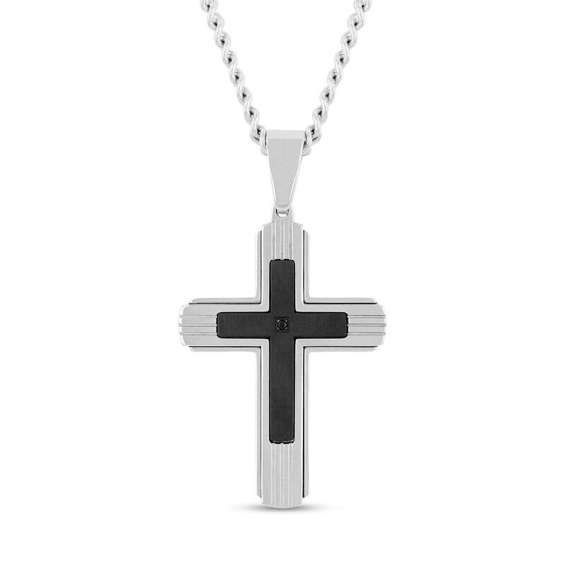 Main Image 3 of Black Diamond Accent Dog Tag, Cross Pendant and Link Bracelet Set in Stainless Steel with Black Ion-Plate