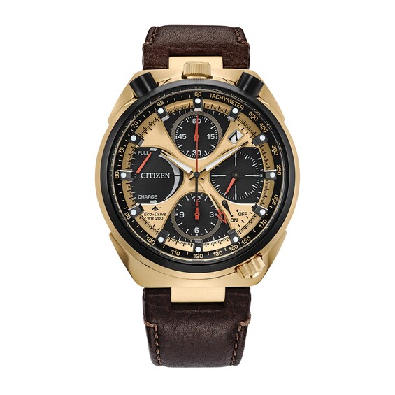 Citizen Eco-DriveÂ® Promaster 50th Anniversary Tsuno Brown Leather Strap Watch with Gold-Tone Dial (Model: Av0072-01X)