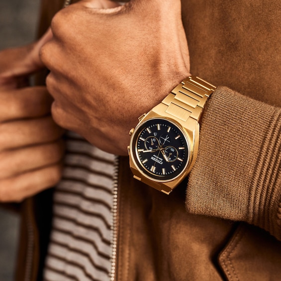 Men's Citizen Eco-DriveÂ® Axiom Chronograph Gold-Tone Watch with Black Dial (Model: Ca4582-54E)