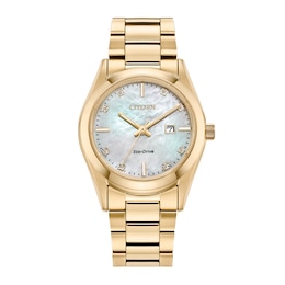 Ladies' Citizen Eco-Drive® Diamond Accent Gold-Tone Watch with Mother-of-Pearl Dial (Model: EW2702-59D)