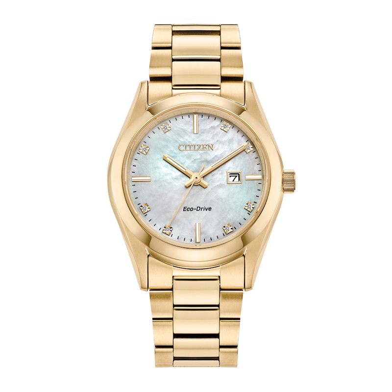 Main Image 1 of Ladies' Citizen Eco-Drive® Diamond Accent Gold-Tone Watch with Mother-of-Pearl Dial (Model: EW2702-59D)