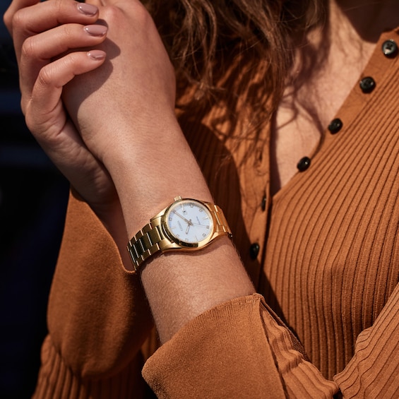 Ladies' Citizen Eco-DriveÂ® Diamond Accent Gold-Tone Watch with Mother-of-Pearl Dial (Model: Ew2702-59D)