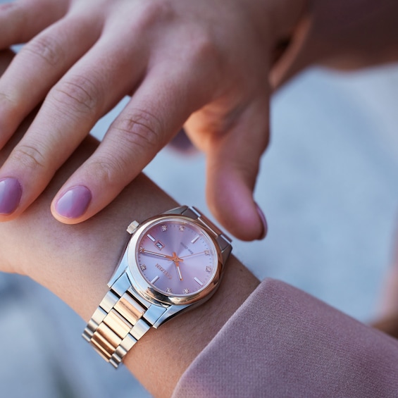 Ladies' Citizen Eco-DriveÂ® Diamond Accent Rose Two-Tone Watch with Pink Dial (Model: Ew2706-58X)