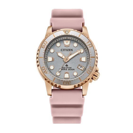 Ladies' Citizen Eco-Drive® Promaster Dive Rose-Tone Pink Rubber Strap Watch with Silver-Tone Dial (Model: Eo2023-00A)