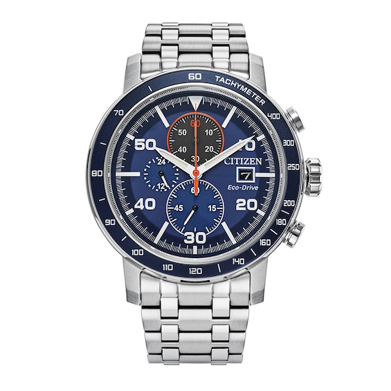 Men's Citizen Eco-DriveÂ® Brycen Chronograph Silver-Tone Watch with Blue Dial (Model: Ca0850-59L)