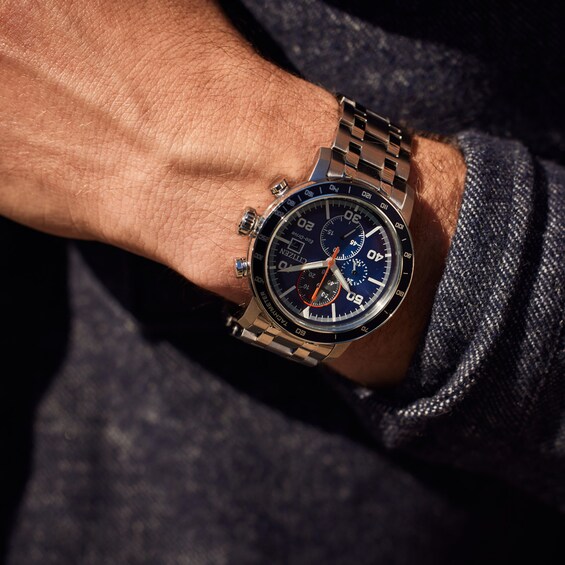 Men's Citizen Eco-DriveÂ® Brycen Chronograph Silver-Tone Watch with Blue Dial (Model: Ca0850-59L)