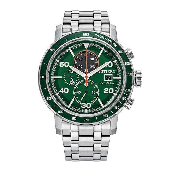 Men's Citizen Eco-DriveÂ® Brycen Chronograph Silver-Tone Watch with Green Dial (Model: Ca0851-56X)