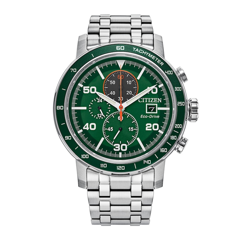 Men's Citizen Eco-Drive® Brycen Chronograph Silver-Tone Watch with Green Dial (Model: CA0851-56X)