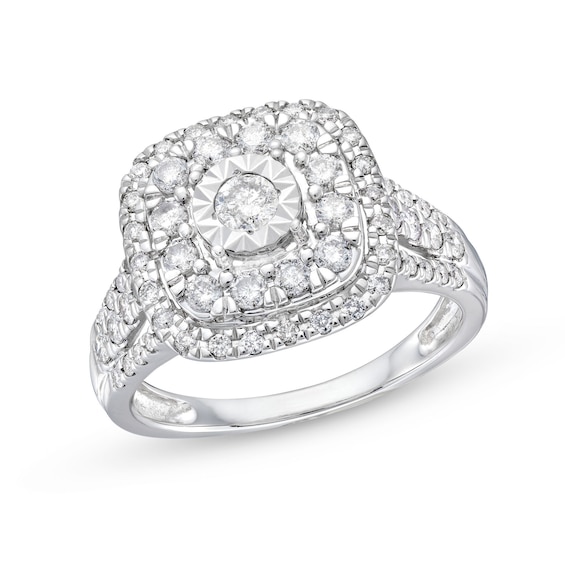1 CT. T.w. Diamond Double Cushion Frame Engagement Ring in 10K White Gold
