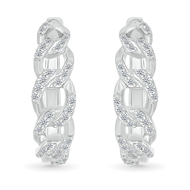 Main Image 2 of 1/3 CT. T.W. Diamond Curb Chain Hoop Earrings in Sterling Silver
