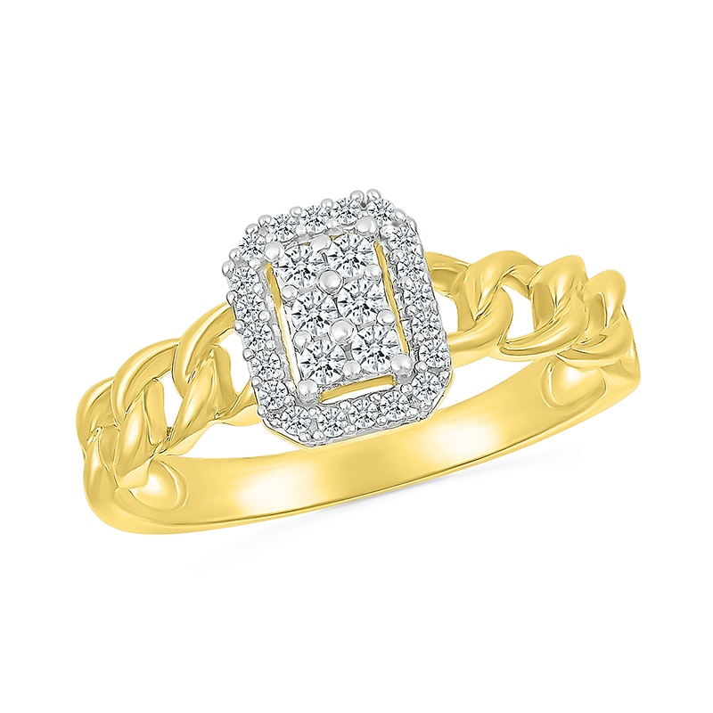 Main Image 1 of 1/5 CT. T.W. Emerald Multi-Diamond Frame Curb Chain Shank Ring in Sterling Silver with 10K Gold Plate