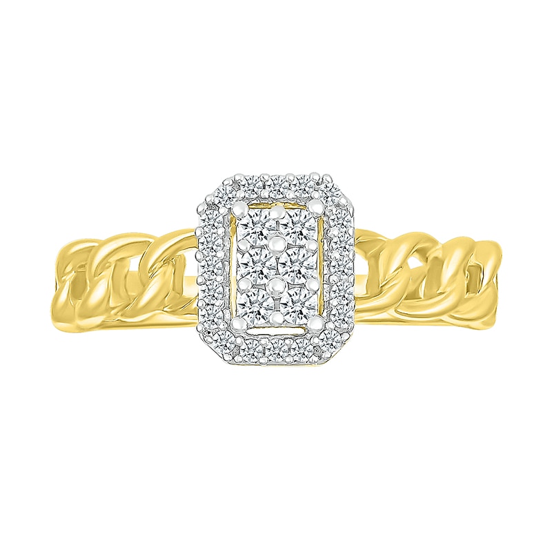 Main Image 2 of 1/5 CT. T.W. Emerald Multi-Diamond Frame Curb Chain Shank Ring in Sterling Silver with 10K Gold Plate
