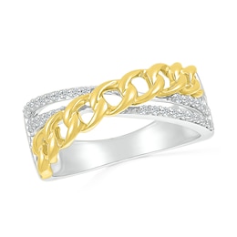 1/6 CT. T.W. Diamond Curb Chain Overlay Criss-Cross Ring in Sterling Silver with 10K Gold Plate
