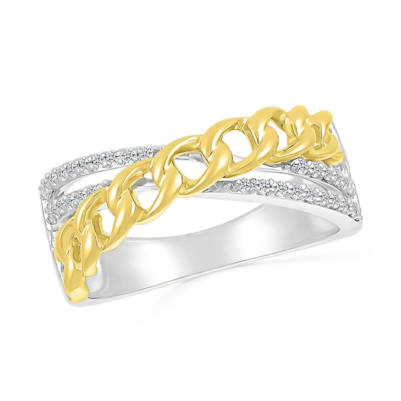 1/6 CT. T.w. Diamond Curb Chain Overlay Criss-Cross Ring in Sterling Silver with 10K Gold Plate