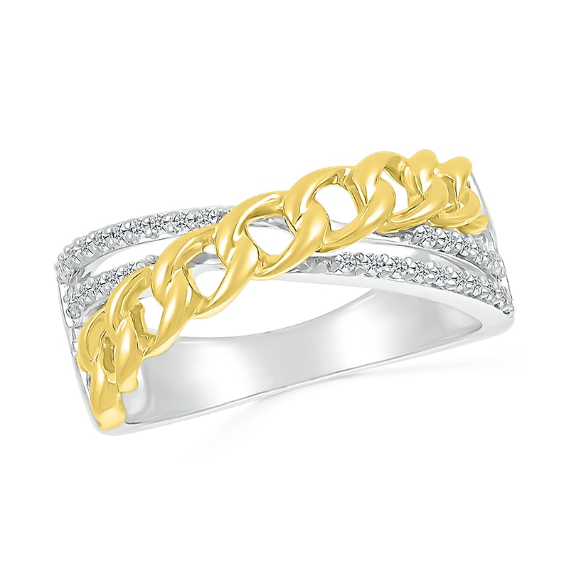 Main Image 1 of 1/6 CT. T.W. Diamond Curb Chain Overlay Criss-Cross Ring in Sterling Silver with 10K Gold Plate