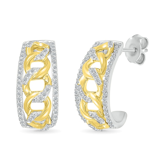 1/3 CT. T.w. Diamond Edge Curb Chain J-Hoop Earrings in Sterling Silver with 10K Gold Plate