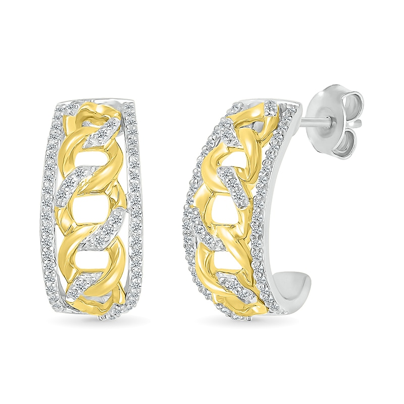 Main Image 1 of 1/3 CT. T.W. Diamond Edge Curb Chain J-Hoop Earrings in Sterling Silver with 10K Gold Plate