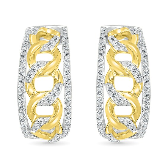 1/3 CT. T.w. Diamond Edge Curb Chain J-Hoop Earrings in Sterling Silver with 10K Gold Plate