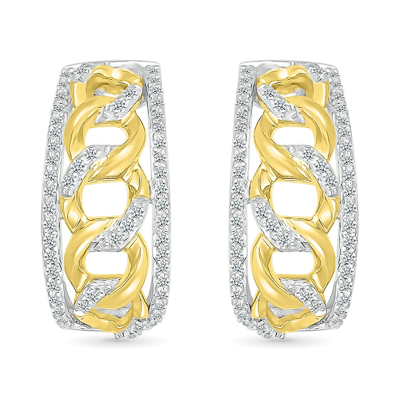 Main Image 2 of 1/3 CT. T.W. Diamond Edge Curb Chain J-Hoop Earrings in Sterling Silver with 10K Gold Plate