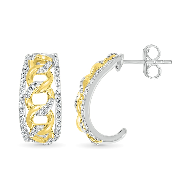 Main Image 3 of 1/3 CT. T.W. Diamond Edge Curb Chain J-Hoop Earrings in Sterling Silver with 10K Gold Plate