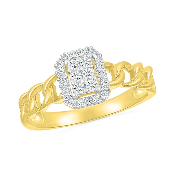 1/5 CT. T.w. Emerald Multi-Diamond Frame Curb Chain Shank Ring in Sterling Silver with 10K Gold Plate